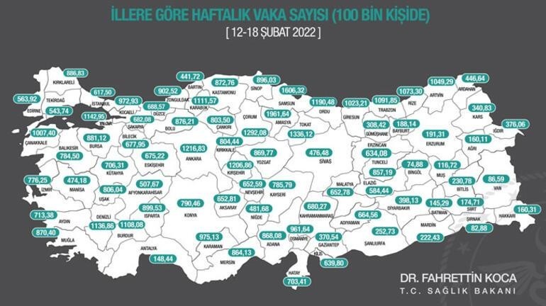 Sağlık Bakanı Fahrettin Koca, il bazında 100 bin kişi içinde bir haftalık toplam yeni Covid-19 vaka sayısının yer aldığı insidans haritasını ...