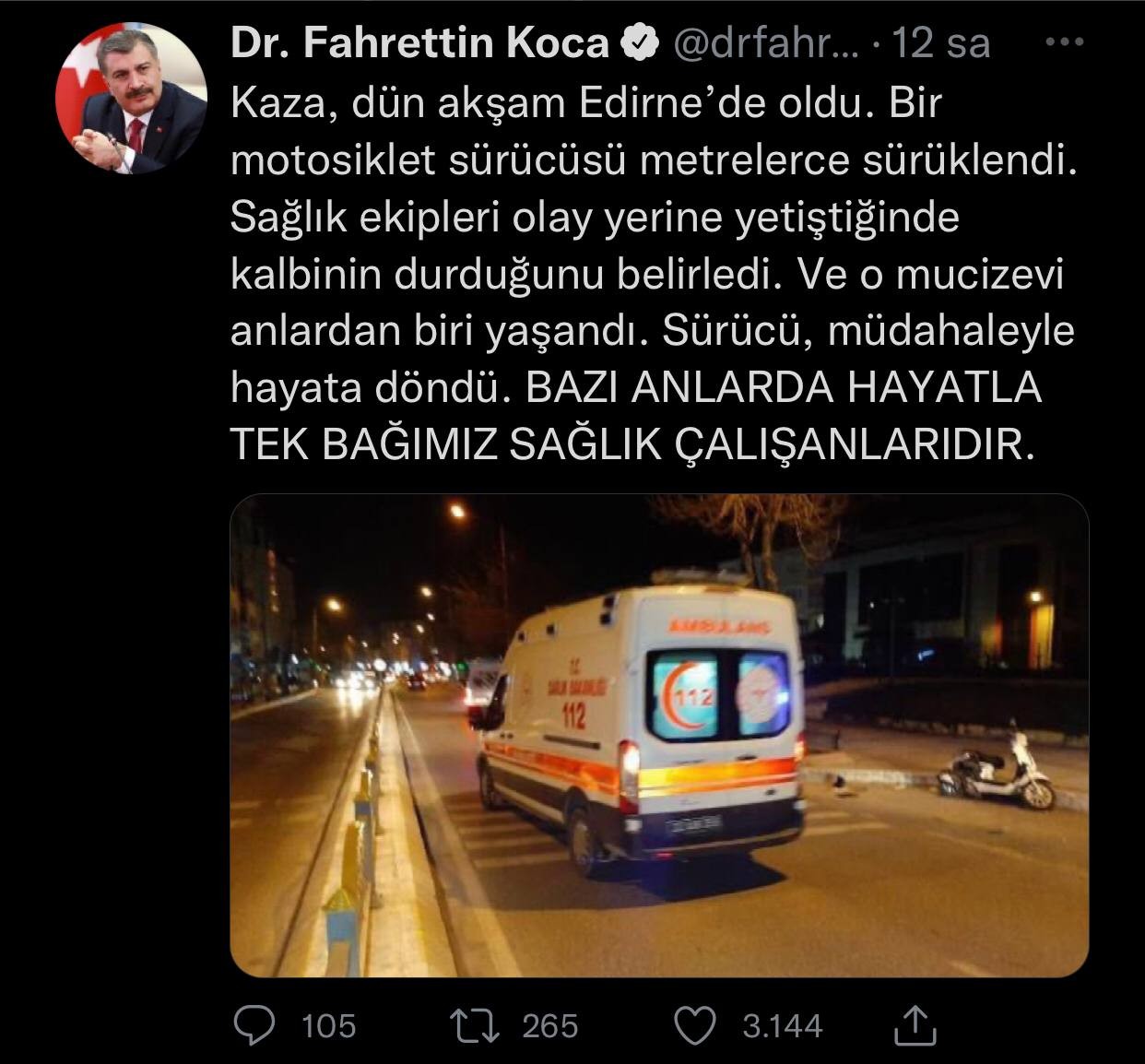 Edirne’de geçtiğimiz gün yaşanan kaza sonucu kalbi duran sürücüye sağlık ekibinin müdahale etmesiyle yeniden yaşama tutunan motosiklet ...