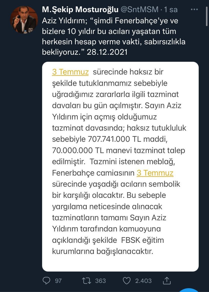 Fenerbahçe Spor Kulübü Eski Başkanı Aziz Yıldırım, ’Futbolda Sözde Şike Davası’ sürecinde haksız yere tutuklu kaldığı gerekçesiyle 777 milyon 741 ...