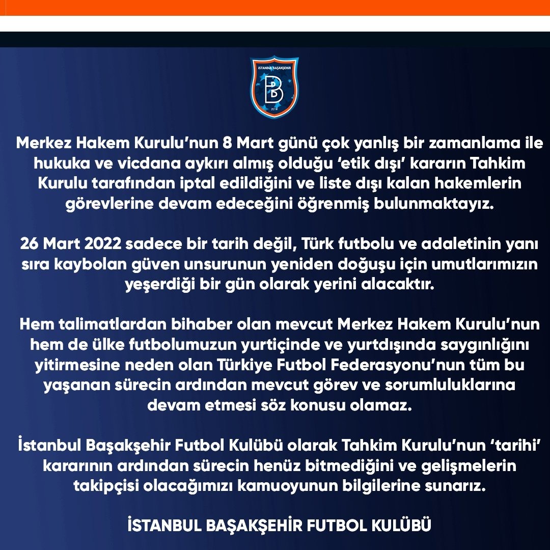 Türkiye Futbol Federasyonu (TFF) Merkez Hakem Kurulu’nun (MHK) 13 hakemi liste dışı bırakma kararının Tahkim Kurulu tarafından bozulmasının ...