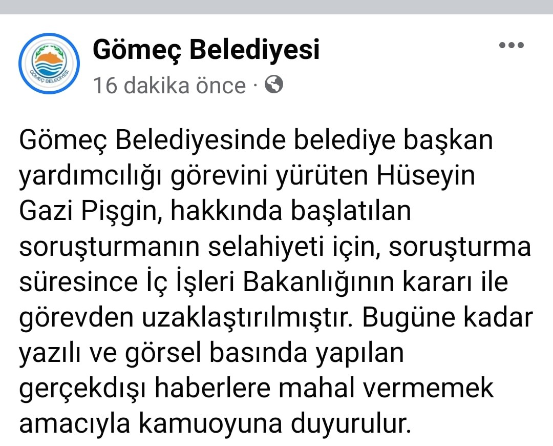 Balıkesir’in Gömeç ilçesinde, Gömeç Belediye Başkan Yardımcısı Hüseyin Gazi Pişgin, İçişleri Bakanlığı’nın kararıyla görevden uzaklaştırıldı ...