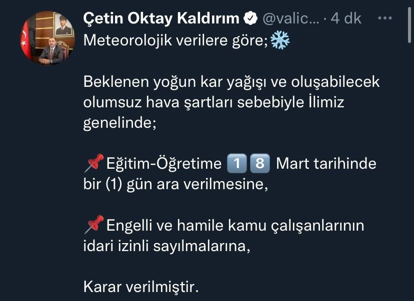 Sakarya Valisi Çetin Oktay Kaldırım, etkisini göstermesi beklenen olumsuz hava koşulları sebebiyle il genelinde eğitime 1 gün ara verildiğini ...