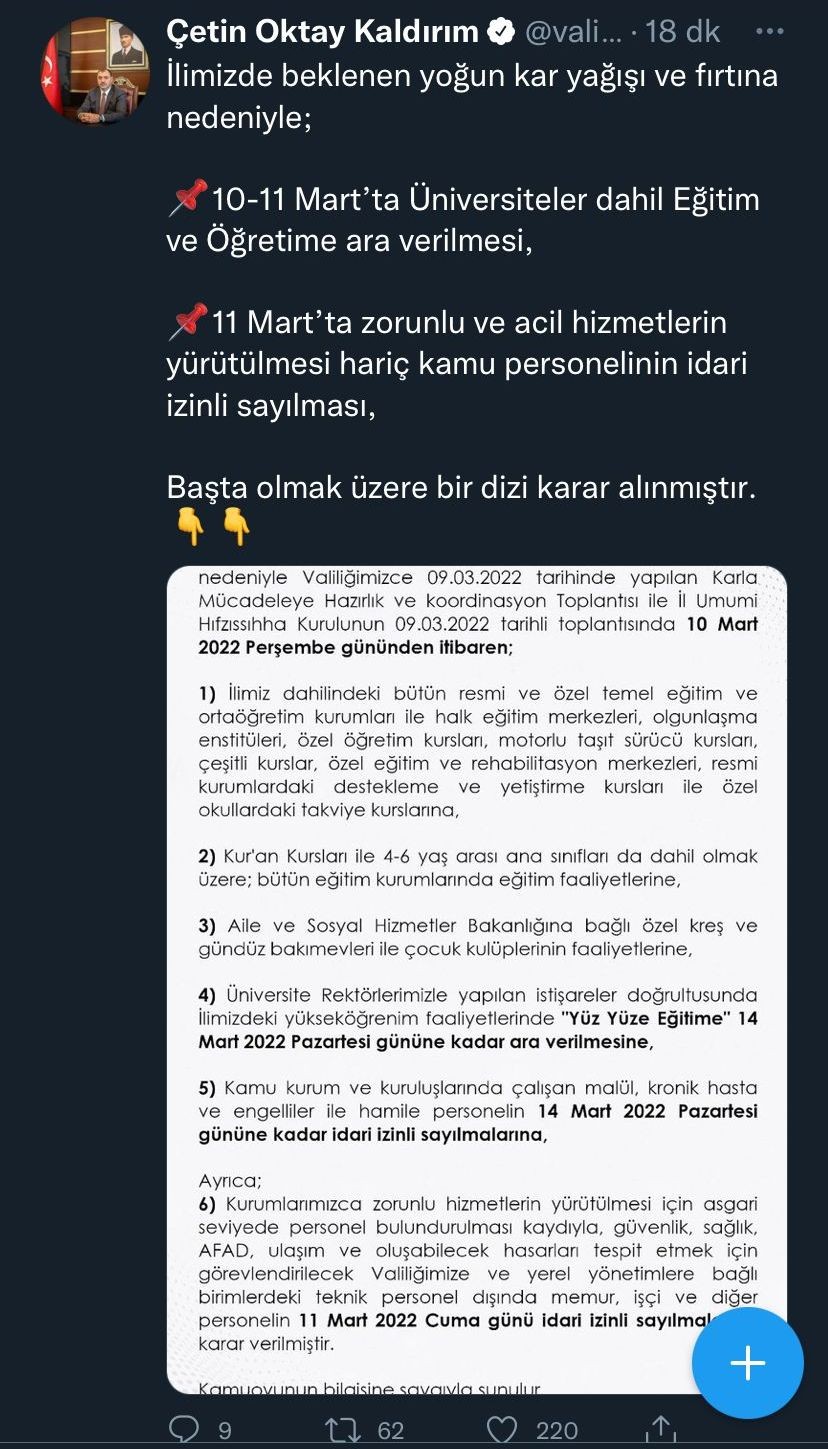 Sakarya Valisi Çetin Oktay Kaldırım, kentte etkisini göstermesi beklenen olumsuz hava koşulları sebebiyle okullarda 10-14 Mart tarihleri arasında ...