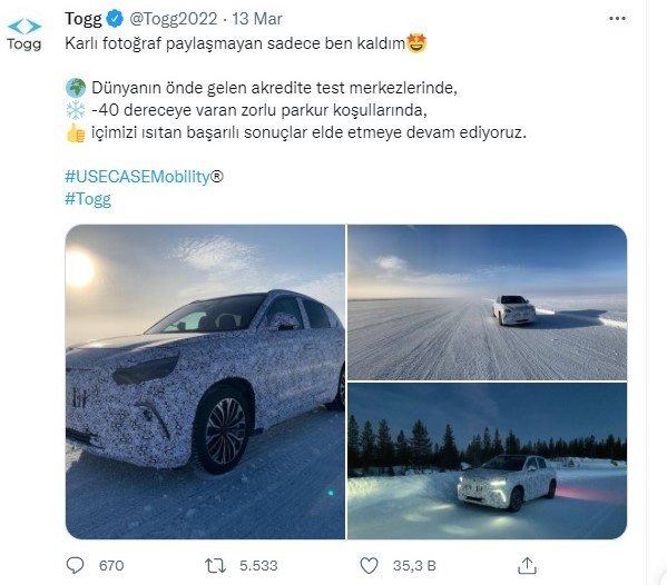 TOGG’un resmi Twitter hesabından yapılan paylaşımda, aracın eksi 40 derecede test edildiği açıklandı. TOGG’un, ’Karlı fotoğraf paylaşmayan sadece ...