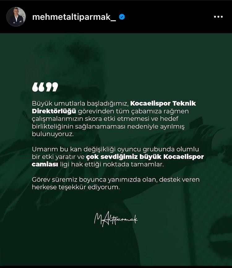 Dün alınan Bursaspor mağlubiyetinin ardından Kocaelispor ile yollarını ayıran Mehmet Altıparmak kulübe veda etti. Sosyal medya hesabından yazılı ...