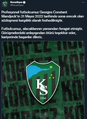 Spor Toto 1. Lig’de küme düşen Kocaelispor’da Kamerunlu futbolcu Georges Mandjeck’in sözleşmesi karşılıklı olarak feshedildi. Spor Toto 1. Lig’e ...